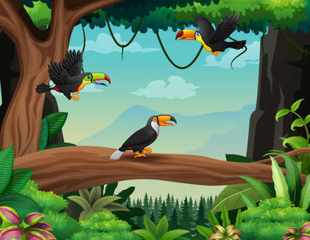 Illustration of toucan birds flying in the jungleのイラスト素材