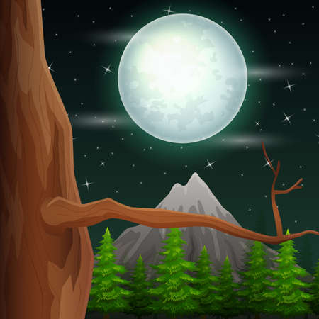 Night landscape with old tree and full moon illustrationのイラスト素材
