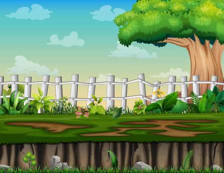Nature scene with a big tree and wooden fence illustrationのイラスト素材