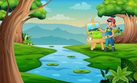 Young man paints a landscape by the riverのイラスト素材