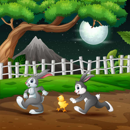 Cartoon rabbits and chick playing at night landscapeのイラスト素材