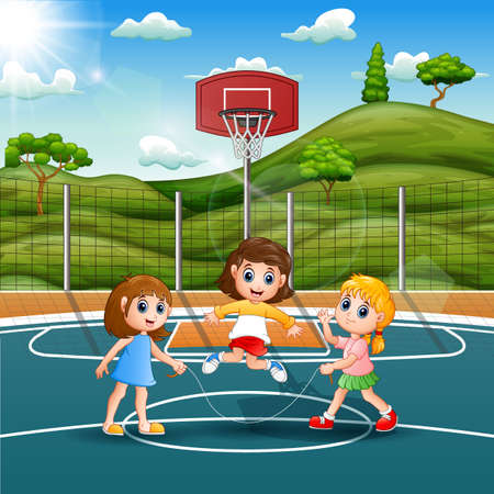Three Girls Playing Jump Rope In The Fieldのイラスト 素材 ストックフォト 写真素材のstock Foto ストックドットフォト