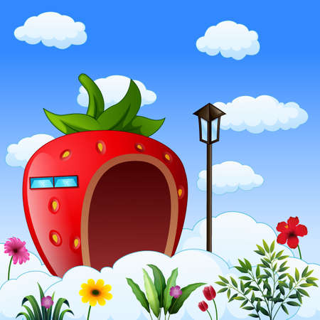 Cartoon Illustration of Strawberry House on Cloudsのイラスト素材