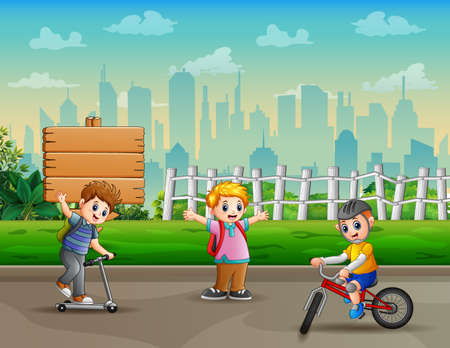 Cartoon happy boys playing in the park roadのイラスト素材