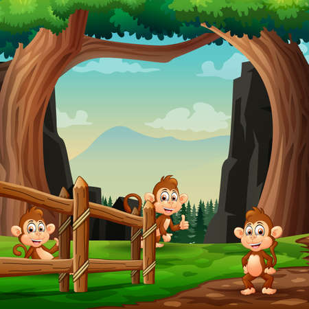 Funny three monkeys playing in the natureのイラスト素材