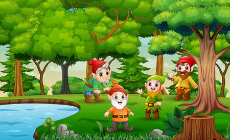Cartoon group of gnome playing by the pondのイラスト素材