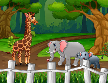 Illustration of giraffe and elephants walking in the forestのイラスト素材