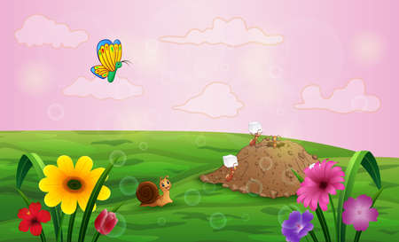 Cartoon many insect living in the green meadowのイラスト素材
