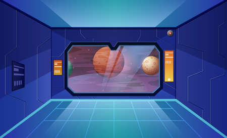 Big shuttle window on spaceship with view of other planetsのイラスト素材