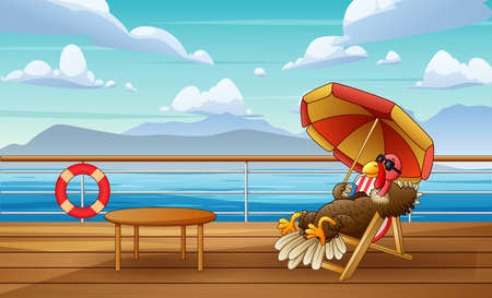 Cute cartoon a turkey is sunbathing on chaise lounge under colorful parasolのイラスト素材
