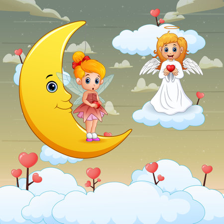 Valentine's day with little cupid and fairy on skyのイラスト素材