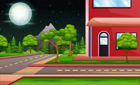 Town street with buildings at night landscapeのイラスト素材