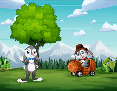 Funny bunnies cartoon playing at green natureのイラスト素材