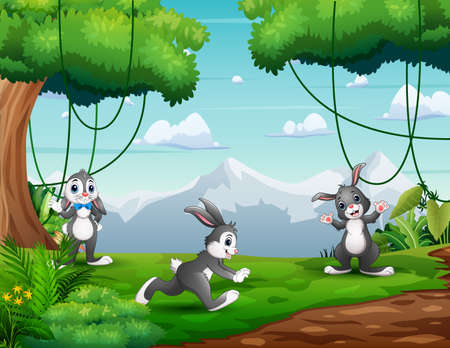 Cute three bunnies playing in nature landscapeのイラスト素材