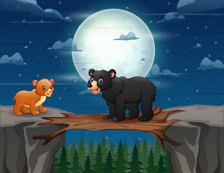 Cartoon bear with cubs taking turns crossing a wooden bridge over a cliffのイラスト素材
