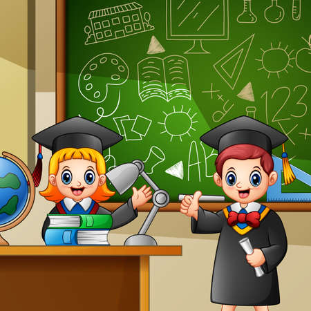 Graduation boy and girl in the class roomのイラスト素材