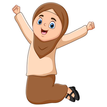 Cheerful Muslim girl jumping on white backgroundのイラスト素材