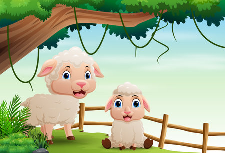 Illustration of Cartoon mother sheep and child in the forestのイラスト素材