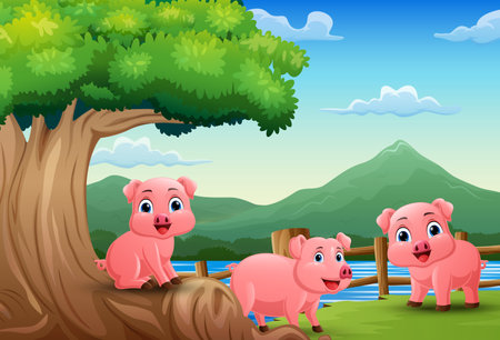 Cartoon piglets in the jungleのイラスト素材