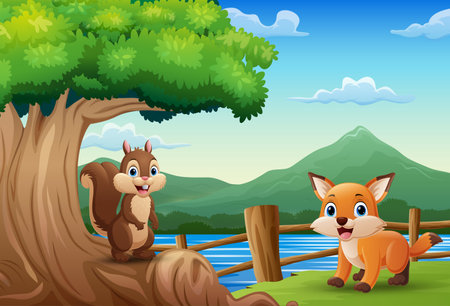 Cartoon fox and squirrel in the jungleのイラスト素材
