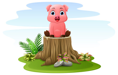 Cartoon little pig sitting on tree stumpのイラスト素材