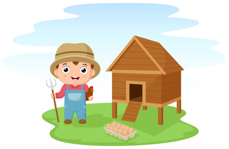 Cute little boy cartoon in the chicken coopのイラスト素材
