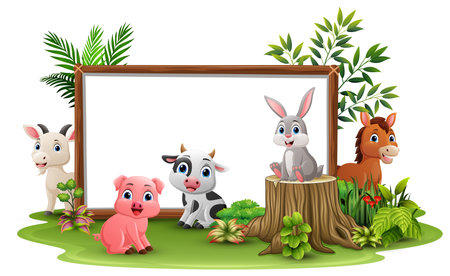 Cute wild animals cartoon with blank boardのイラスト素材