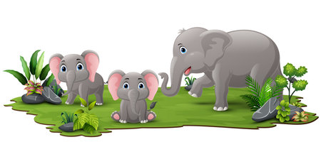Cute family elephant cartoon in the grassのイラスト素材