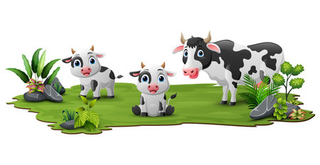 Cute family cow cartoon in the grassのイラスト素材