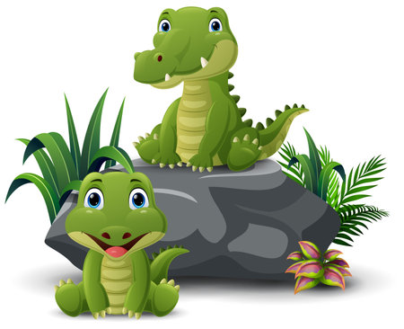 Cute two crocodiles cartoon on the stoneのイラスト素材