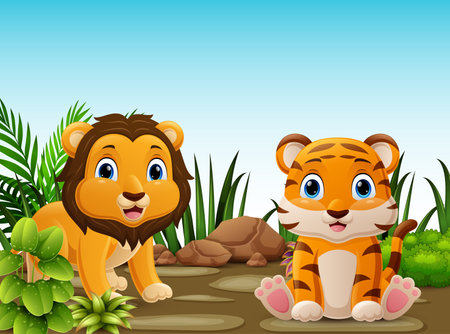 Cute lion and tiger cartoon in the forestのイラスト素材