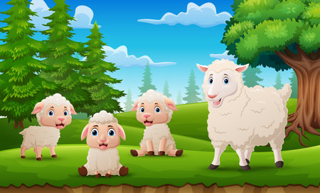 Cute sheep cartoon in the forestのイラスト素材