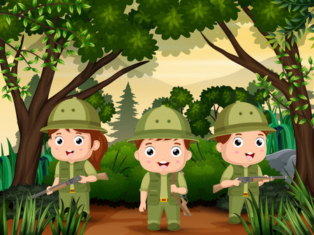 Three Scout boy in uniform exploring the forestのイラスト素材