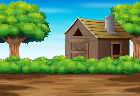 Nature landscape background with tree and houseのイラスト素材