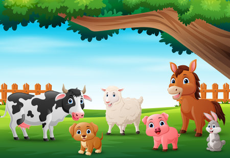 Cute farm animals cartoon in the jungleのイラスト素材