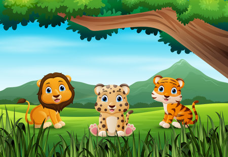 Baby wild animal cartoon in a beautiful green forestのイラスト素材