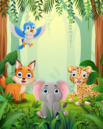Happy cartoon animals in a lush forestのイラスト素材
