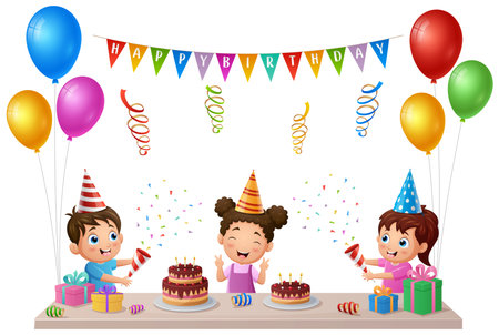 Cartoon happy kids celebrating birthday partyのイラスト素材