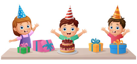 Cartoon happy kids celebrating birthday partyのイラスト素材