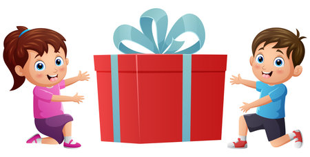 Cute cartoon boy and girl with big gift boxのイラスト素材