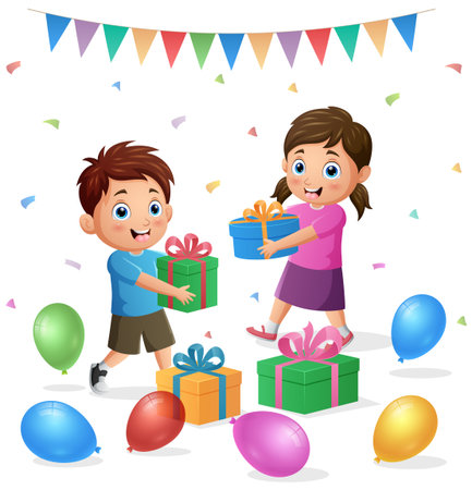 Cute little boy and girl having fun at birthday partyのイラスト素材