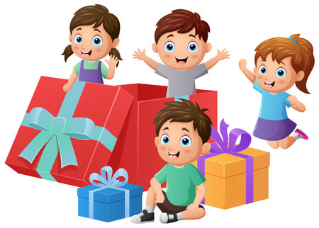 Happy children celebrate birthday and playing inside big gift boxのイラスト素材