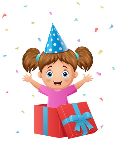 Cute little girl with gift box and falling confettiのイラスト素材