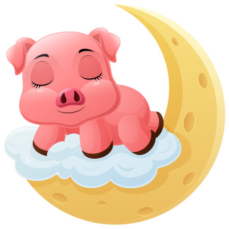 Cute pig cartoon sleeping on the moonのイラスト素材