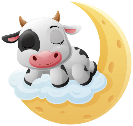 Cute cow cartoon sleeping on the moonのイラスト素材