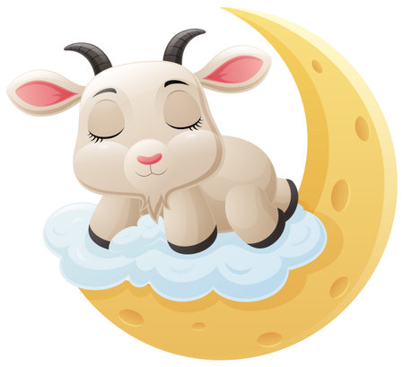 Cute goat cartoon sleeping on the moonのイラスト素材
