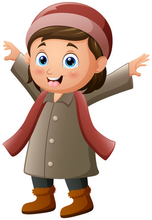 Happy little girl cartoon wearing winter clothesのイラスト素材