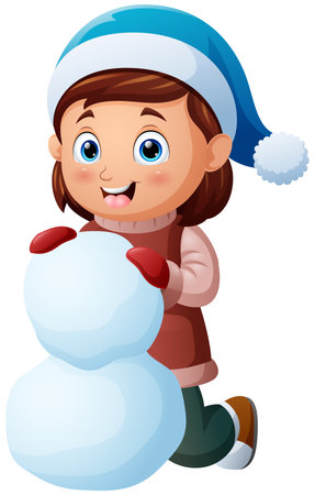 Cartoon little girl in winter clothes with big snowballのイラスト素材