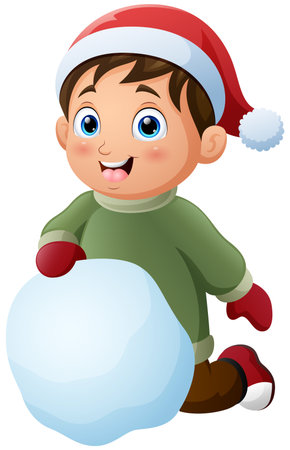 Cartoon little boy in winter clothes with big snowballのイラスト素材