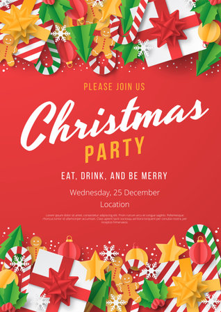 Christmas party poster with christmas element. Papercut style. Vector illustrationのイラスト素材